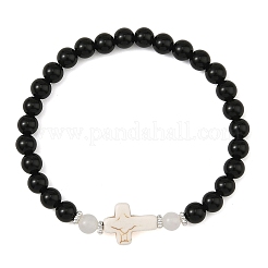 Dyed Synthetic Turquoise Religion Cross & Round Natural Black Onyx(Dyed & Heated) & White Moonstone Beaded Stretch Bracelets&nbsp;BJEW-JB14404