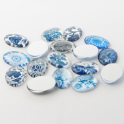 Blue and White Floral Theme Ornaments Glass Oval Flatback Cabochons&nbsp;GGLA-A003-18x25-YY