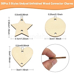 30Pcs 3 Styles Undyed Unfinished Wood Connector Charms&nbsp;WOOD-YW0001-12