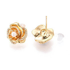 Brass Pave Clear Cubic Zirconia Flower Stud Earrings&nbsp;KK-T077-24G