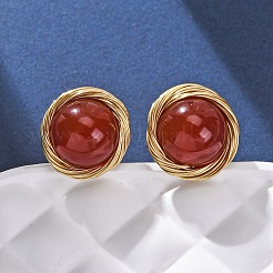 Brass Natural Carnelian Stud Earrings&nbsp;EJEW-Q043-01G