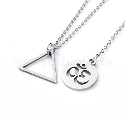 Non-Tarnish Flat Round with Om Symbol Lariat Necklaces & Triangle Pendant Necklaces Sets&nbsp;NJEW-JN02805-02