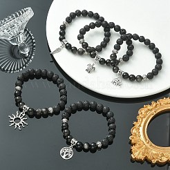 Natural Lava Rock & Silver Obsidian Beaded Stretch Bracelet with Alloy Charms&nbsp;BJEW-JB09453