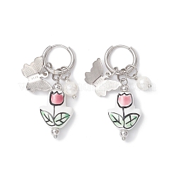 Flower with Butterfly 304 Stainless Steel Hoop Earrings&nbsp;EJEW-JE06749-01