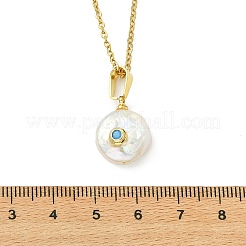 Brass Pave Cubic Zirconia and Natural Keshi Pearl Coin Pendant 304 Stainless Steel Cable Chain Necklaces for Women&nbsp;NJEW-JN06120