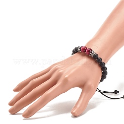 Natural Frosted Dyed & Heated Black Agate & Tiger Eye Braided Bead Bracelet with Alloy Crown&nbsp;BJEW-JB08249-03