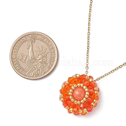 Dyed Natural Mashan Jade & Glass Seed Beaded Flat Round Pendant 304 Stainless Steel Cable Chain Necklaces&nbsp;NJEW-MZ00129-04