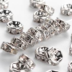 Brass Middle East Rhinestone Spacer Beads, Rondelle, Nickel Free, Platinum, Crystal, 6x3mm, Hole: 1mm