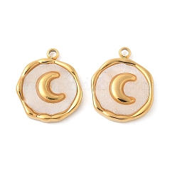 304 Stainless Steel Pave Natural Shell Pendants, Flat Round Charms, Real 18K Gold Plated, Moon, 15.5~16x12.5~13.5x2.5mm, Hole: 1.5mm