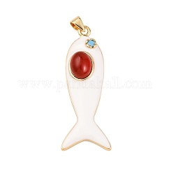 Fish Brass Micro Pave Cubic Zirconia Pendants, with Enamel & Natural Gemstone, Rack Plating, Long-Lasting Plated, Lead Free & Cadmium Free, White, 43x16x9mm, Hole: 4x3.5mm