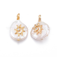 Natural Cultured Freshwater Pearl Pendants, with Brass Micro Pave Cubic Zirconia Findings, Nuggets with Sun, Golden, Clear, 17~26x11~16x5~11mm, Hole: 1.6~2mm