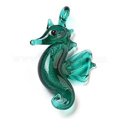 Handmade Lampwork Pendants, Sea Horse Charms, Teal, 42~42.5x27x10mm, Hole: 3x3.5mm