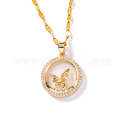 Brass Clear Cubic Zirconia Flat Round Butterfly Pendant Dapped Chain Necklaces for Women&nbsp;LS-WA9125