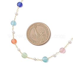 Colorful Flat Round Cat Eye & Plastic Imitation Pearl Brass Handmade Link Chain Necklaces for Women&nbsp;NJEW-JN05743