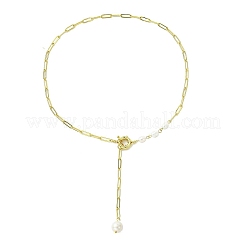 Natural Baroque Keshi Pearl Oval Tassel Brass Paperclip Chain Lariat Necklaces for Women&nbsp;NJEW-JN06009