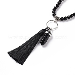 Natural Obsidian Bullet & Tassel Pendant Necklace with Mixed Gemstone Beaded Chains&nbsp;NJEW-E585-02A