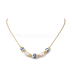 Natural Pearl Rice & Handmade Chinoiserie Floral Printed Porcelain Beaded Necklaces with Brass Round Snake Chains for Women&nbsp;NJEW-JN06400