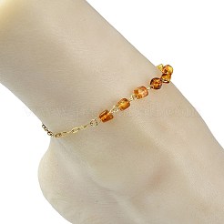 Natural Amber Cube Beads Link Chain & 304 Stainless Steel Paperclip Chain Anklets for Women&nbsp;AJEW-AN00790