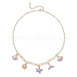 Ocean Alloy Enamel Whale Tail Shell Shape Starfish Pendant Brass Cable Chain and 304 Stainless Steel Satellite Chain Bib Necklaces for Women&nbsp;NJEW-JN05815-03