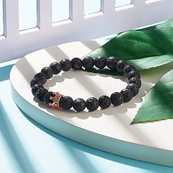 Natural Lava Rock Round Beaded Stretch Bracelet with Clear Cubic Zirconia Crown&nbsp;BJEW-JB07797-04