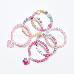 6Pcs Plastic Round Beaded Stretch Bracelet & Charm Bracelet Set for Kid&nbsp;FS-WG9931D-01