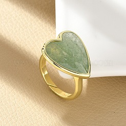 Heart Brass Natural Green Strawberry Quartz  Finger Rings&nbsp;X-RJEW-D304-01G-C