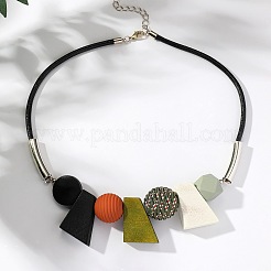 Bohemian Style Trapezoid & Round Wood Beaded Pendant Black Waxed Cord Bib Necklaces for Women&nbsp;FS-WG1625A-02