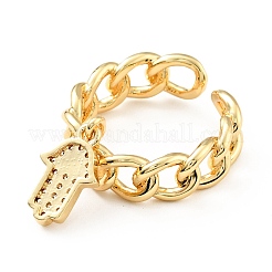Cubic Zirconia Hamsa Hand with Evil Eye Open Cuff Ring with Enamel&nbsp;KK-D080-05G