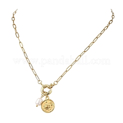201 Stainless Steel Disc with Sun and Moon Pendant 304 Stainless Steel Paperclip Chain Necklaces with Natural Pearl Beads for Women&nbsp;NJEW-JN06328