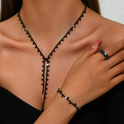 Alloy Rhinestone Tassel Pendant Necklace & Stud Earring & Ring&nbsp;FS-WG7E587-01