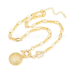 Mother's Day Brass Micro Pave Clear Cubic Zirconia Hollow Flat Round with Heart Mama Pendant Necklaces for Women&nbsp;NJEW-A071-05G