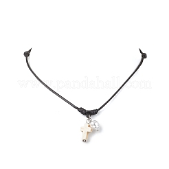 2Pcs 2 Colors Adjustable Dyed Synthetic Turquoise with Round Plastic Imitation Pearl Cross Pendant Black Waxed Polyester Cord Necklaces for Women&nbsp;NJEW-JN05384