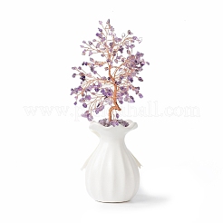 Natural Amethyst Chips with Brass Wrapped Wire Money Tree on Ceramic Vase Display Decorations&nbsp;DJEW-B007-01B