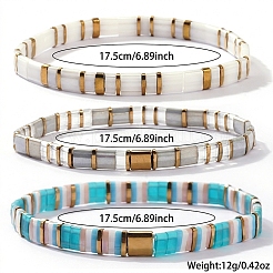 3Pcs 3 Styles Square Glass Tile Beaded Stretch Bracelet Sets with Synthetic Non-magnetic Hematite Beads for Women&nbsp;HZ1549
