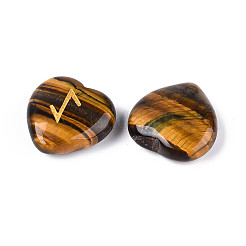 25Pcs Natural Tiger Eye Heart Rune Stones with Elder Futhark Alphabet Engraved&nbsp;G-T144-02B