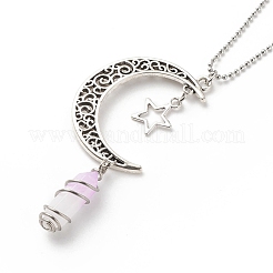 Natural Purple White Jade Bullet with Alloy Moon and Star Pendant Necklace&nbsp;NJEW-JN03912-02