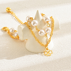 Elegant Brass & Imitation Pearl Double Layer Clover Pendant Anklets for Women's Fashion Style&nbsp;KI5971