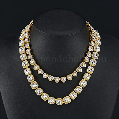 2Pcs 2 Styles Zinc Alloy Pave Square/Heart Clear Glass Tennis Necklaces for Womem&nbsp;NJEW-SP0001-08G