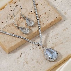Brass Rhinestone Teardrop Dangle Earrings & Pendant Necklaces Sets for Women&nbsp;AT5117-1