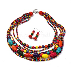 Handmade Wood Beads Multi-Layer Necklaces & Boho Dangle Earrings Set&nbsp;SJEW-A001-01B
