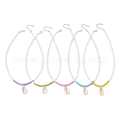 Summer Beach Natural Cowrie Shell & Alloy Fishbone Pendant Glass Beaded Necklaces for Women&nbsp;NJEW-JN06578