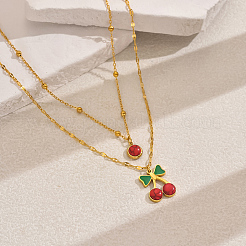 201 Stainless Steel Red Enamel Cherry Pendant Double Layer Necklaces for Women's Daily Holiday Outfits&nbsp;IT9845