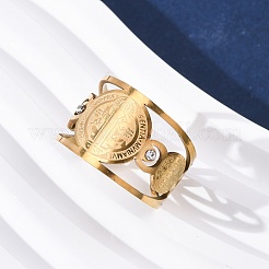 304 Stainless Steel Rhinestone Saint Benedict Open Cuff Rings&nbsp;LS-RJEW-M069-01G