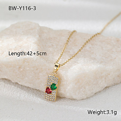 Brass Pave Colorful Cubic Zirconia Rectangle Pendant Necklaces&nbsp;FS-WG4AF5E-03