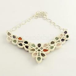 Gemstone Bib Statement Necklaces with Alloy Cabochon Settings and Silver Color Plated Brass Chains &nbsp;NJEW-R224-07B-B
