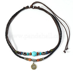 Adjustable Coin Alloy & Synthetic Turquoise & Wood Beaded Pendant Necklaces&nbsp;FS-WG4430E-01