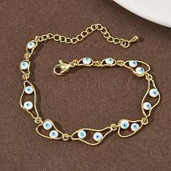 Brass Enamel Flat Round Evil Eye Link Chain Bracelets for Women&nbsp;BJEW-G764-01G-03