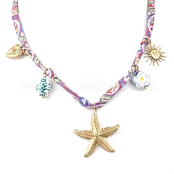 304 Stainless Steel Starfish Sun Heart & Ceramic Fish Flower Pendant Printed Polyester Cord Necklaces for Women&nbsp;NJEW-A063-08G