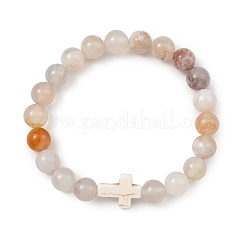 Natural Cherry Blossom Agate & Synthetic Turquoise Cross & Round Beaded Stretch Bracelets for Women Men&nbsp;BJEW-JB13926-01