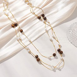 Brass Boston Link Chain Long Necklaces with Round Natural Tiger Eye and Shell Pearl&nbsp;NJEW-JN05722-02